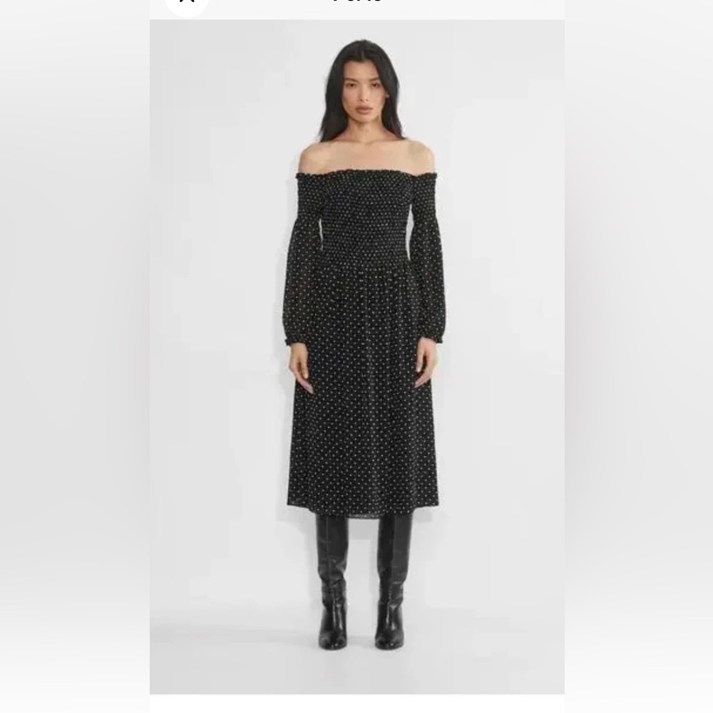 Aritzia Wilfred Black and White Long Off Shoulder Sleeve Midi Dress Dot Design